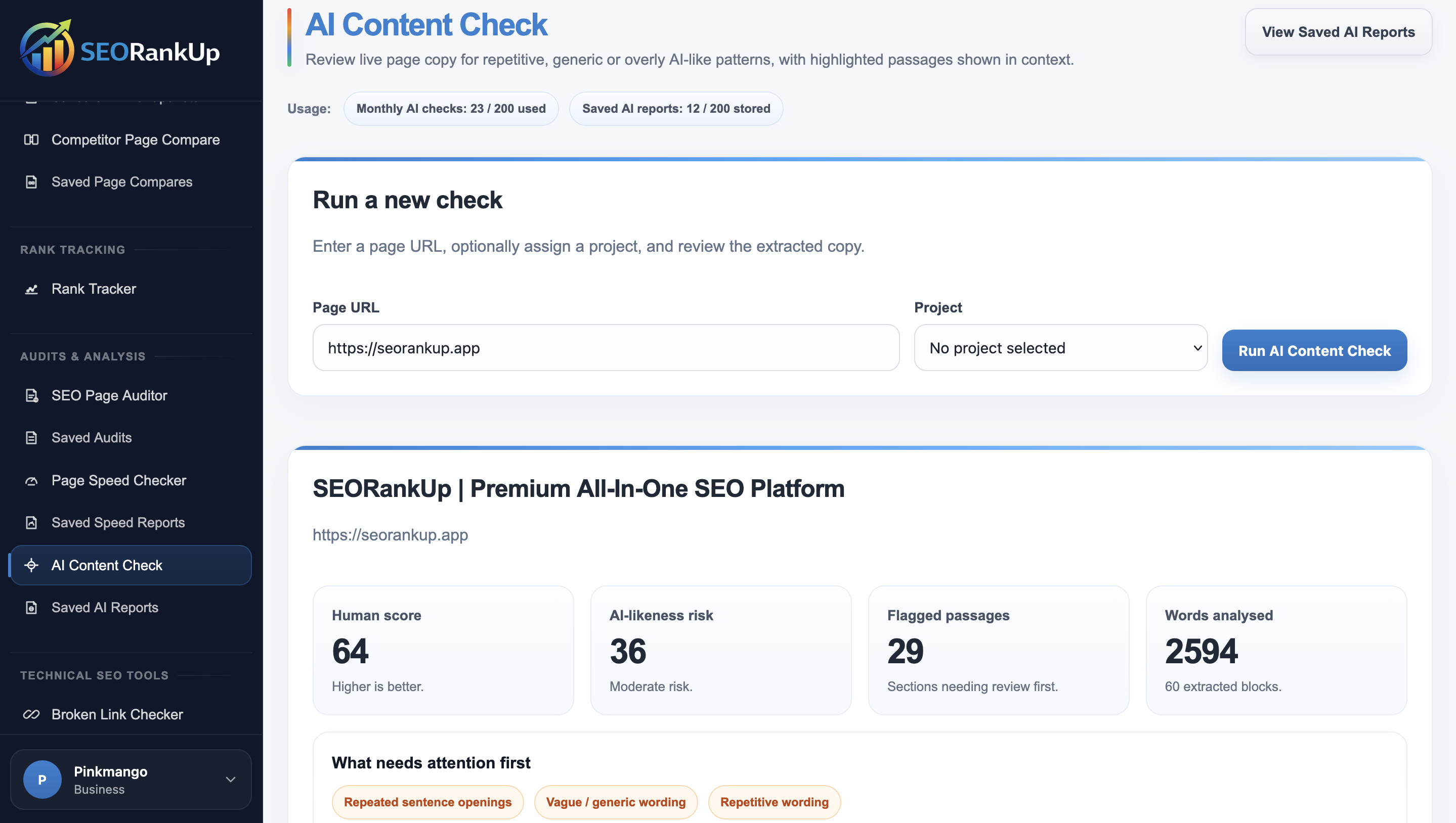 SEORankUp AI Content Check Tool showing a URL check workflow
