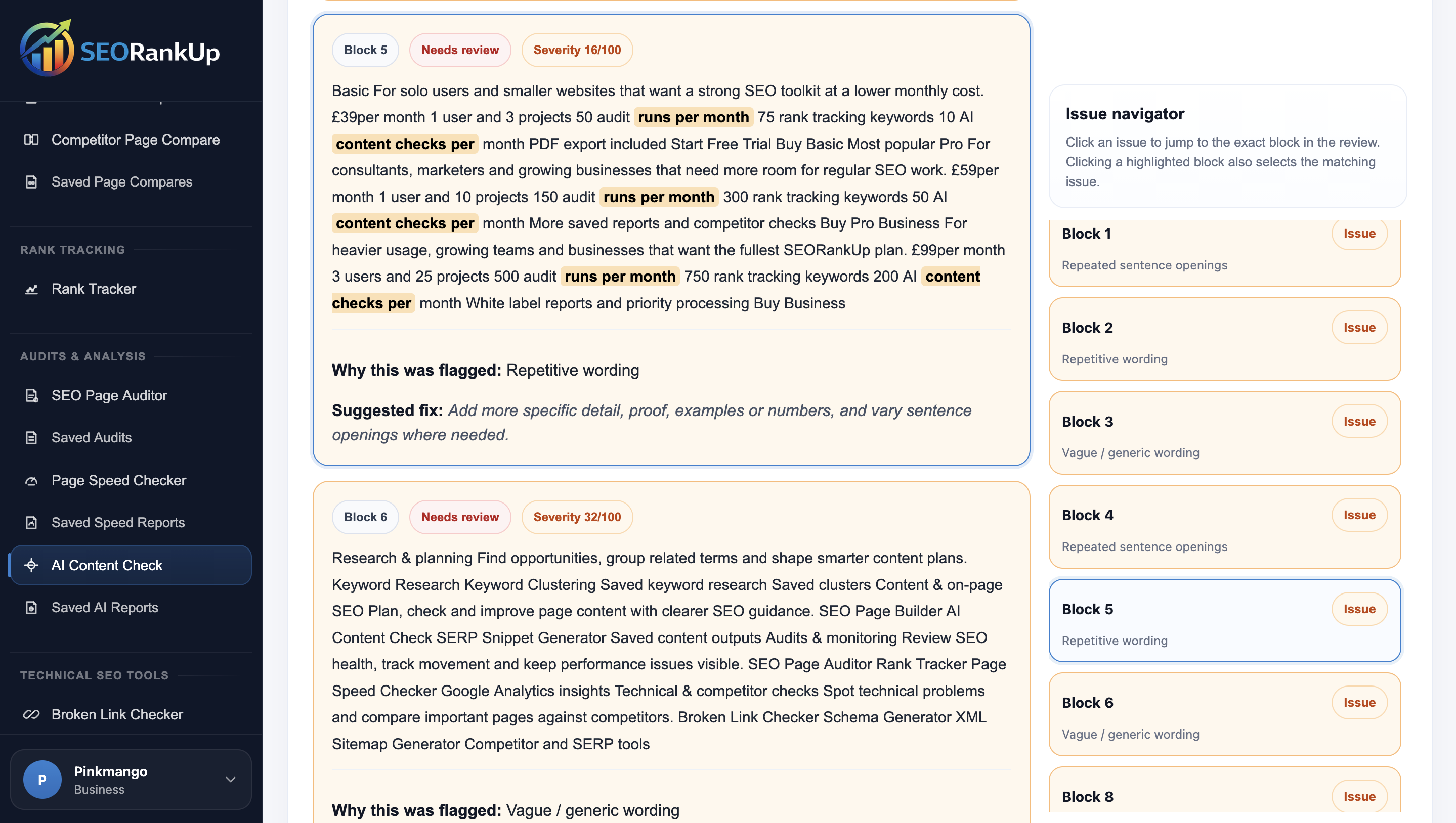 SEORankUp AI content check results showing scores, flagged passages and guidance