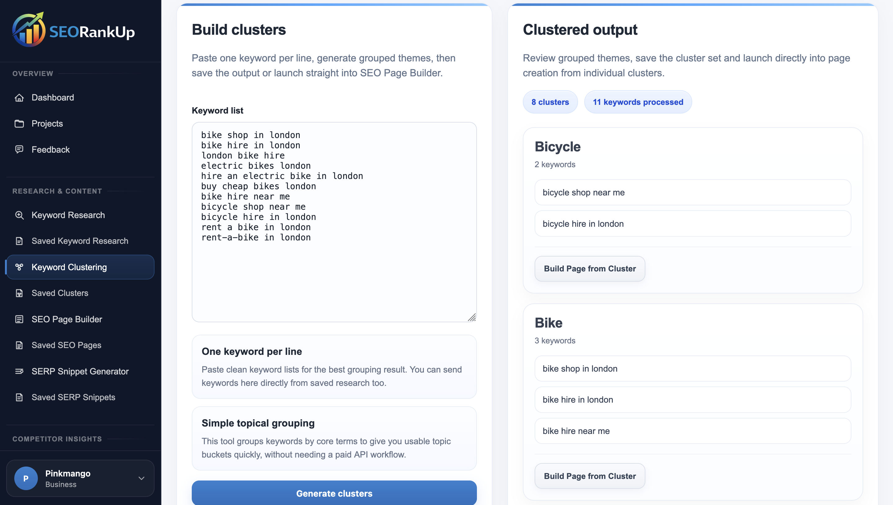 SEORankUp keyword clustering results showing grouped keyword clusters