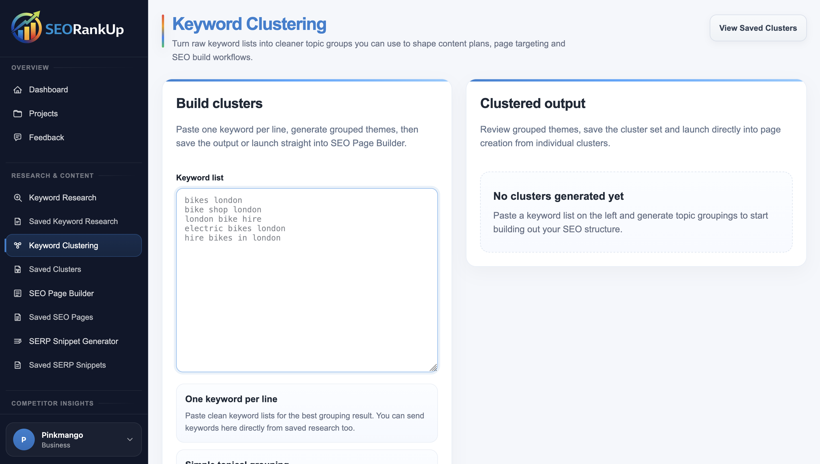 SEORankUp Keyword Clustering Tool showing keyword input and grouped topic clusters