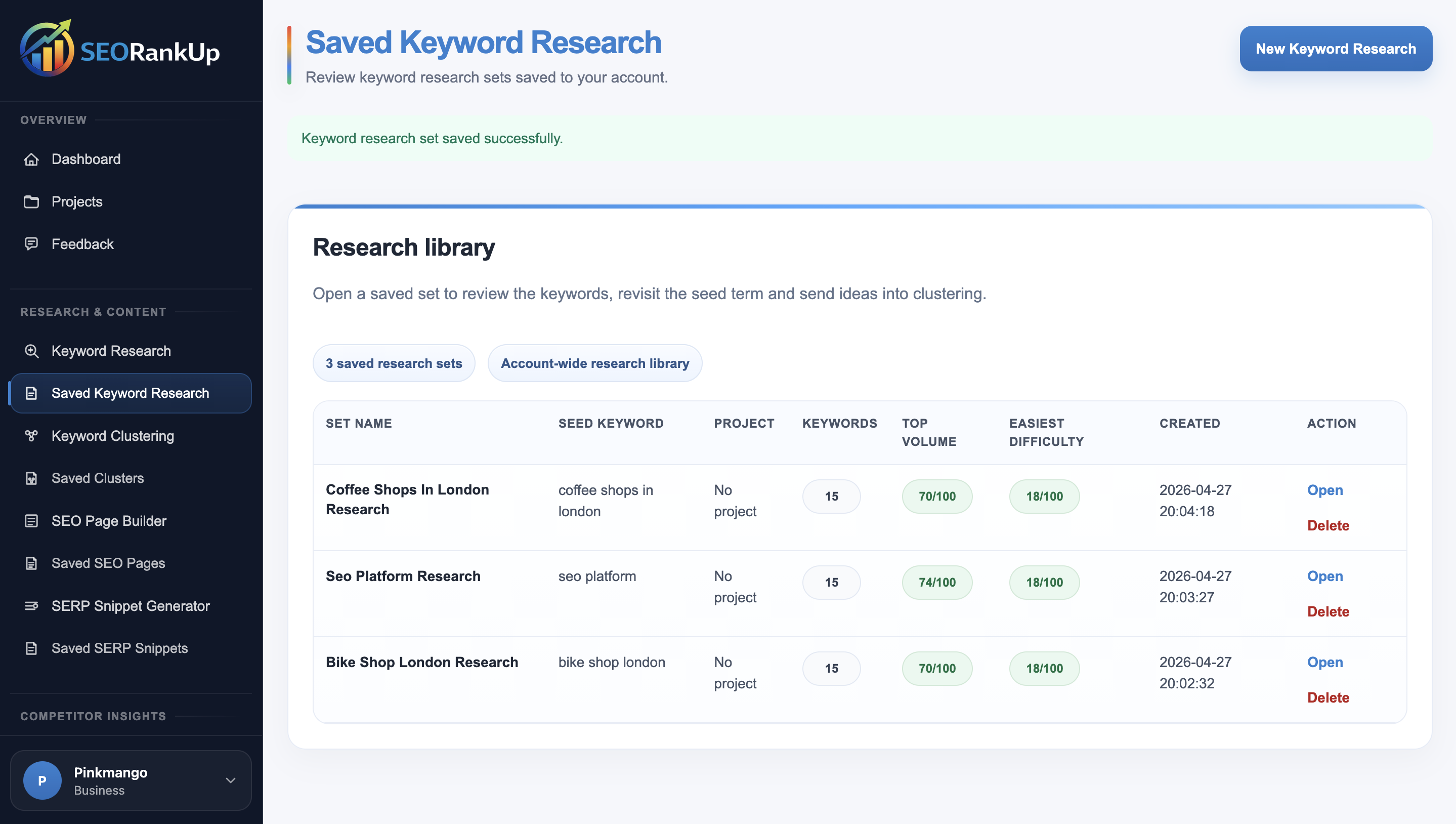 SEORankUp keyword research results showing saved keyword opportunities