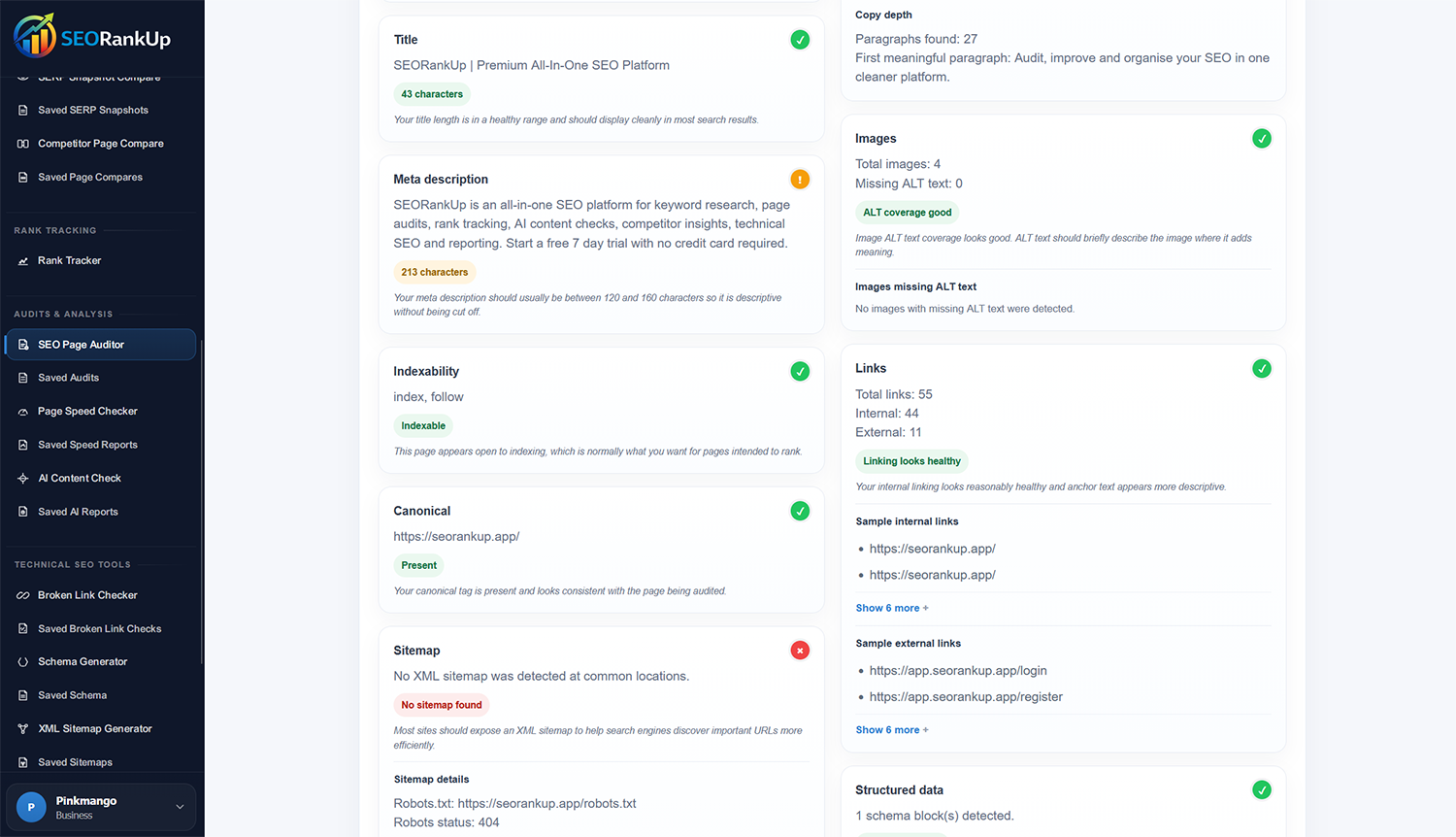 SEORankUp SEO page audit report with scores and priority findings