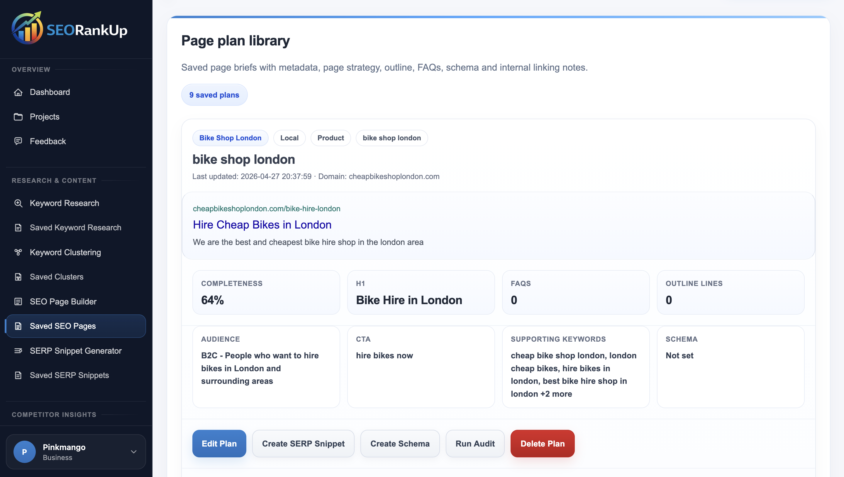 SEORankUp SEO Page Builder results showing metadata, outline, FAQs and optimisation checks
