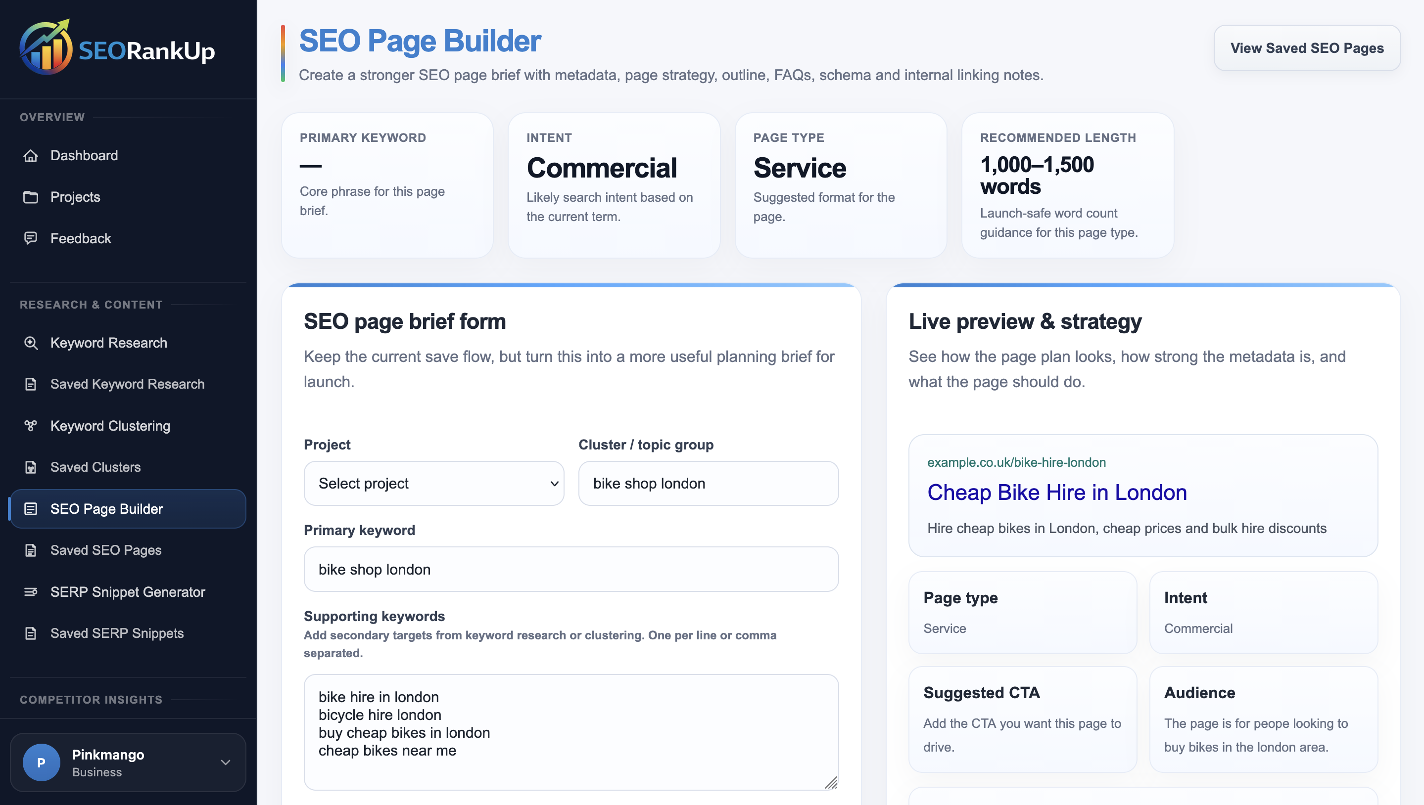 SEORankUp SEO Page Builder showing generated page titles, metadata, outline and page planning fields