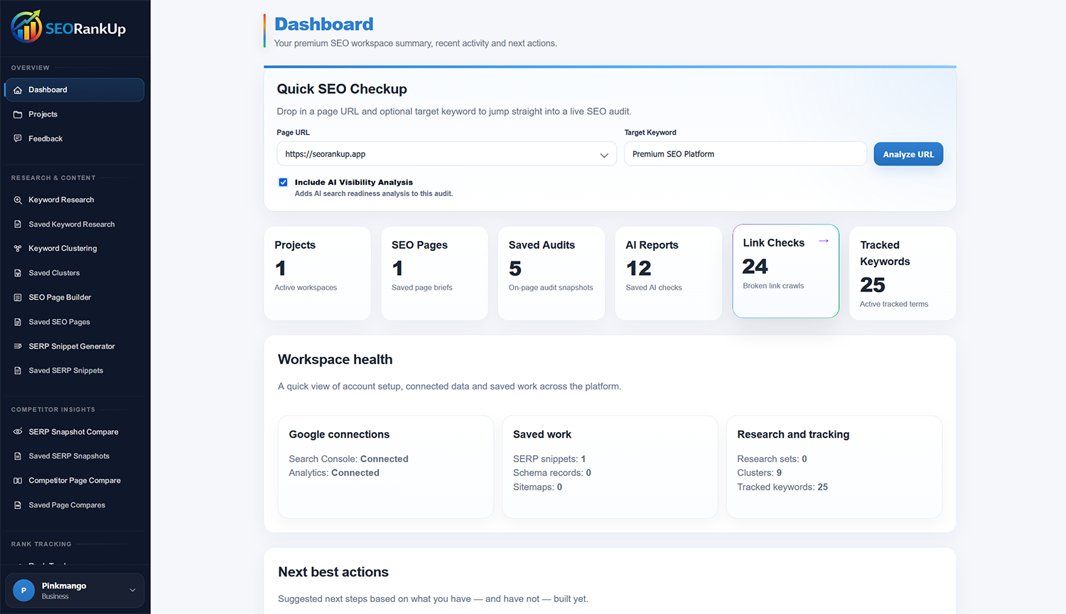 SEORankUp dashboard showing SEO tools and project activity