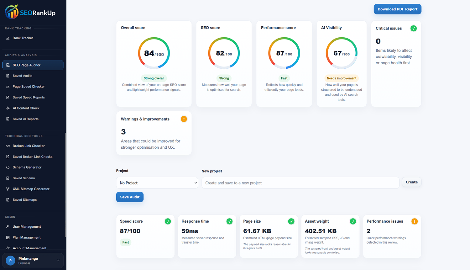 SEORankUp SEO page audit showing scores and recommended actions
